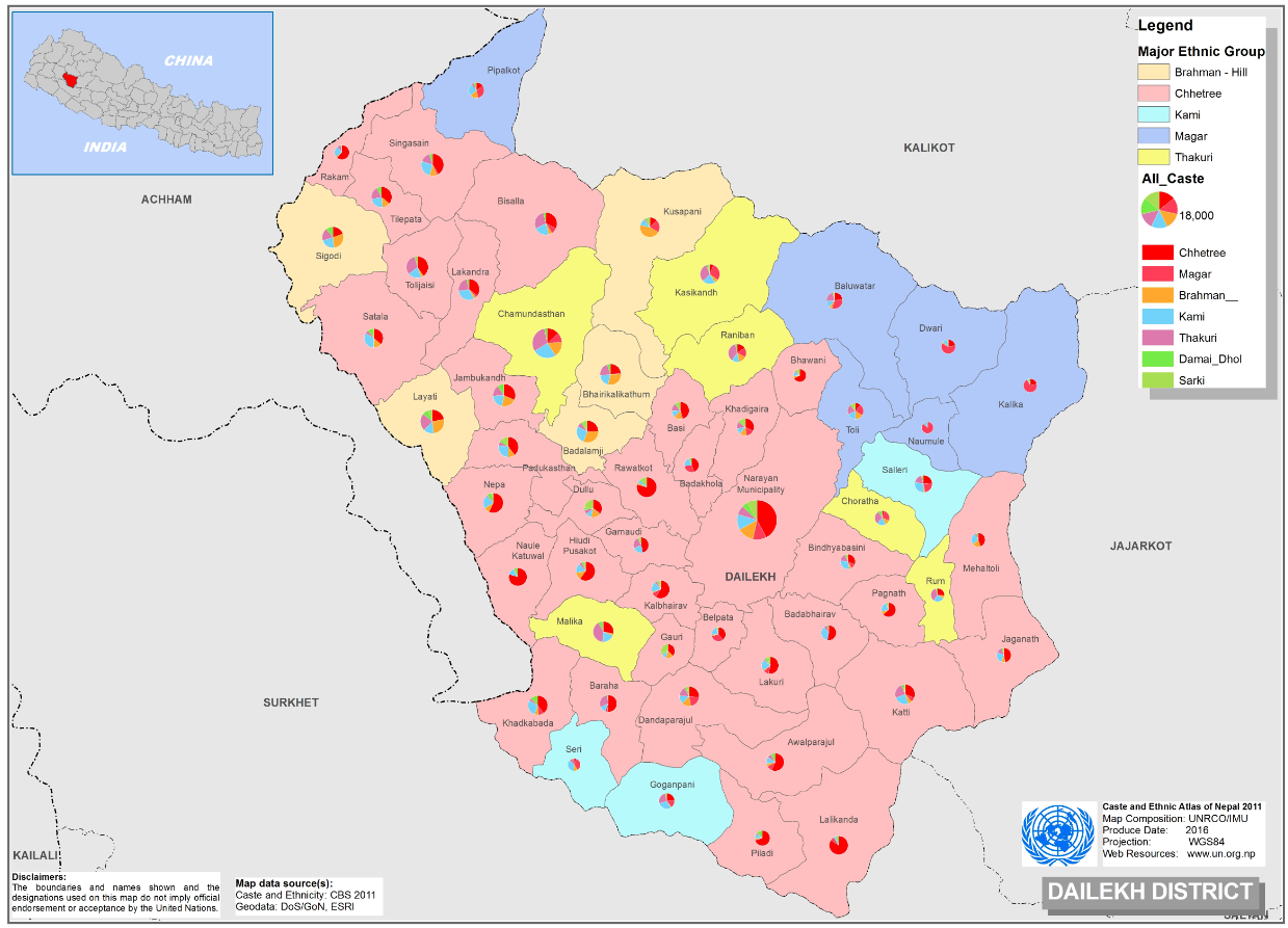 This map presents major caste group and it's composition based on CBS 2011 data of Dailekh district.