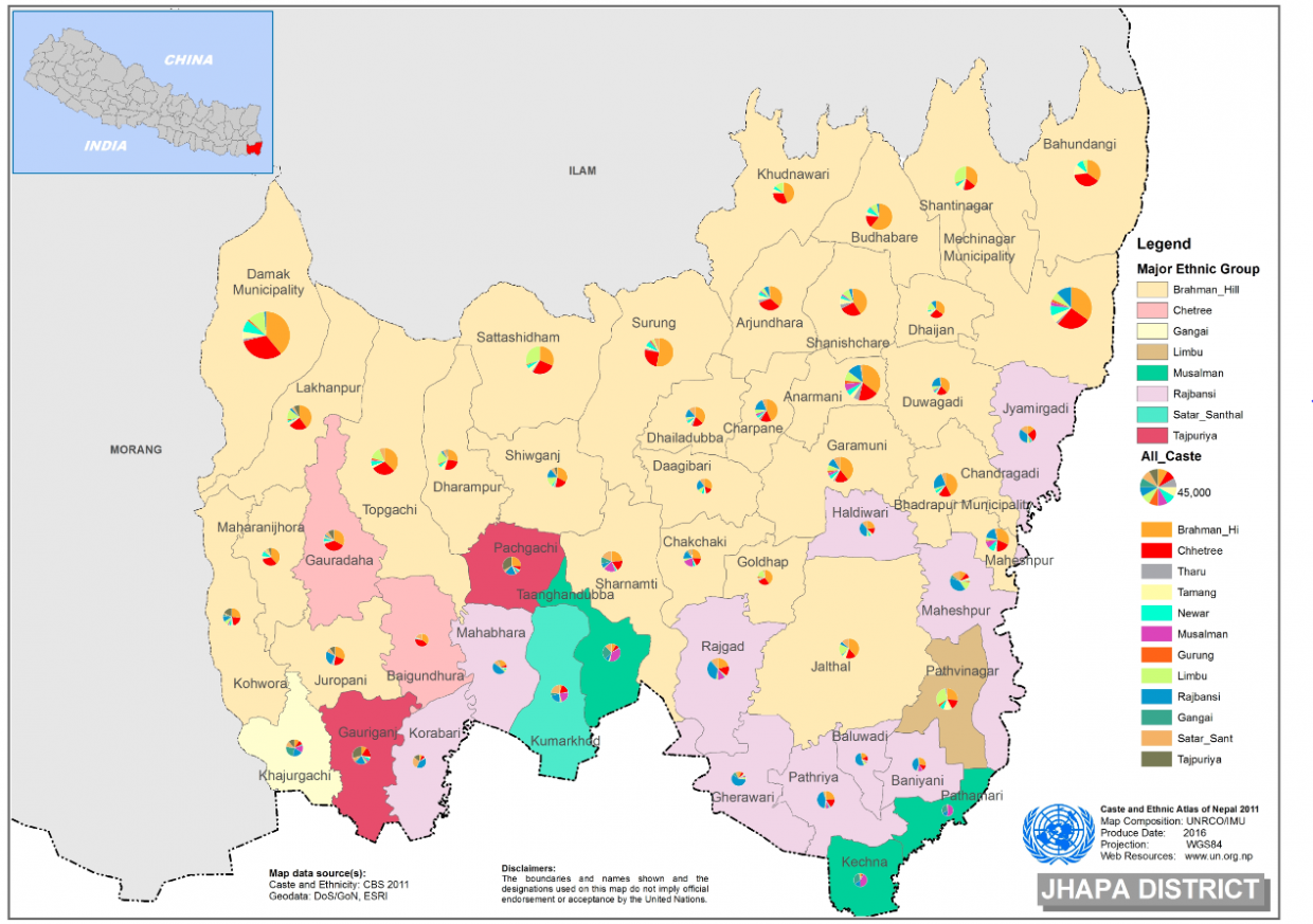 This map presents major caste group and it's composition based on CBS 2011 data of Jhapa.