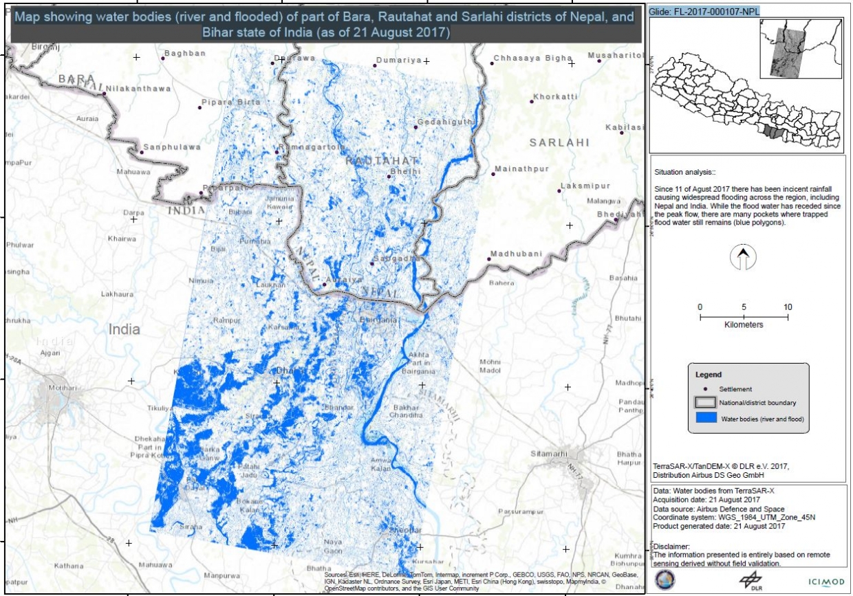 This map shows water bodies (river and flooded) of part of Bara, Rautahat and Sarlahi districts of Nepal, and Bihar state of India (as of 21 August 2017)