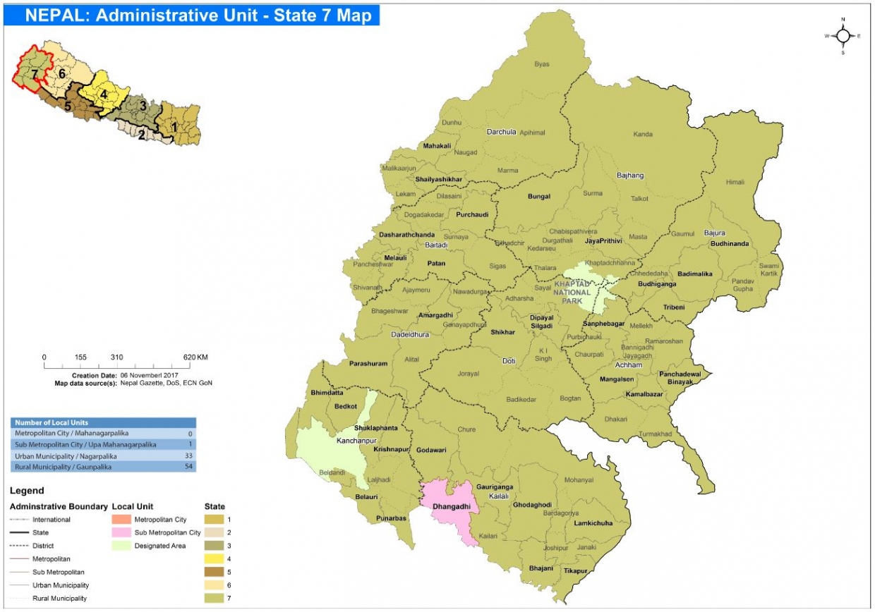 This State 7 map shows Sudurpaschim Province local units boundaries and designated area