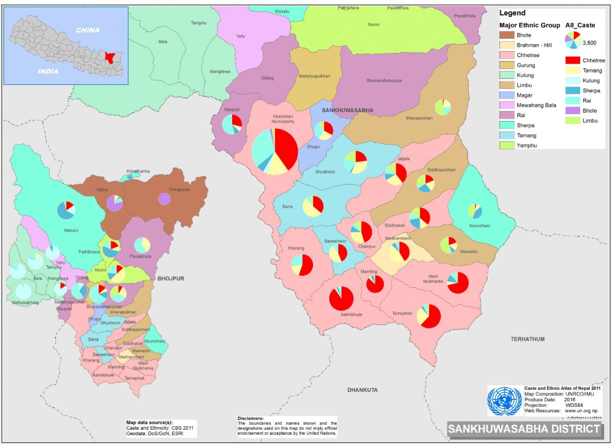 This map presents major caste group and it's composition based on CBS 2011 data of Sankhuwasabha.
