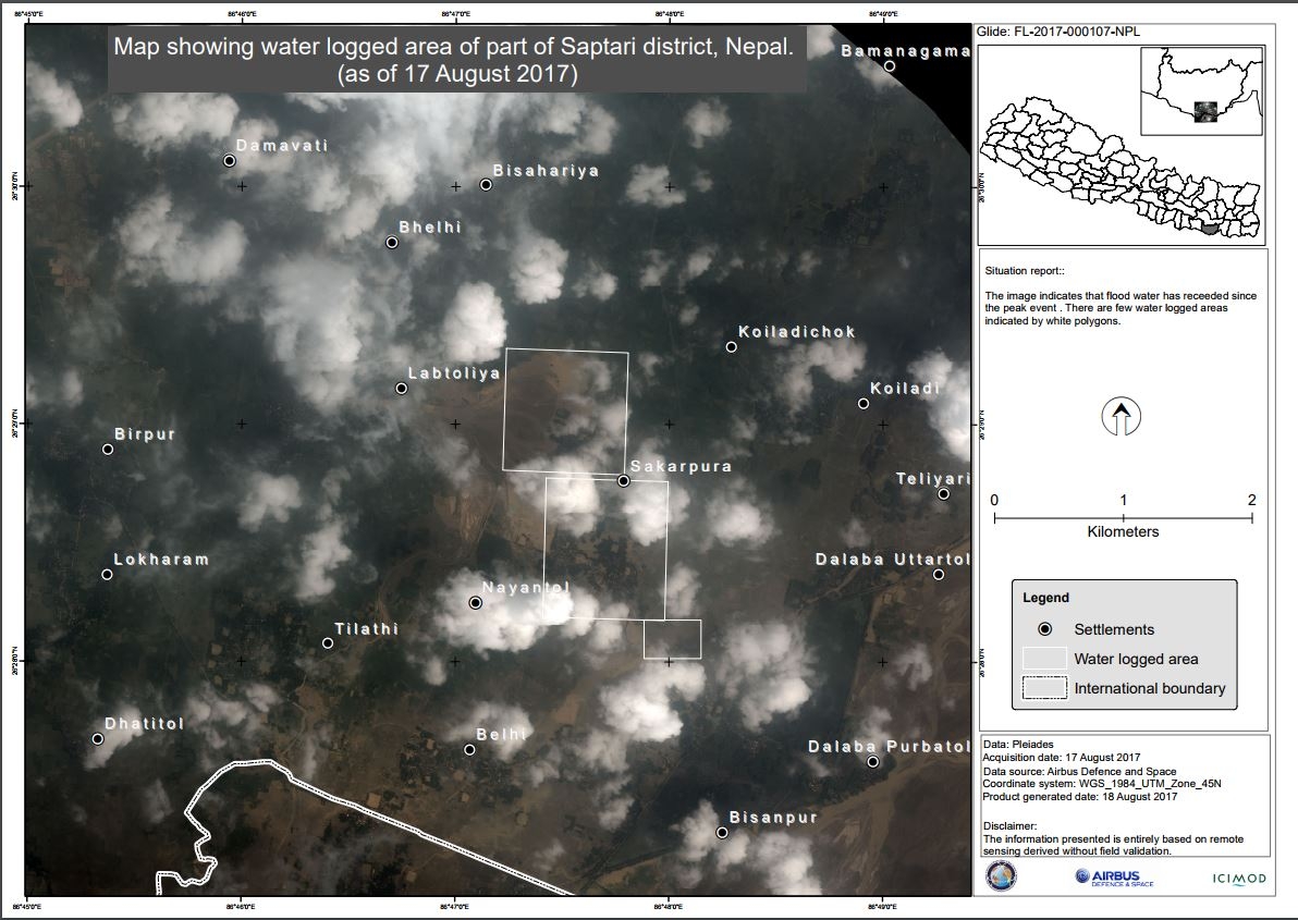 This satellite image shows water logged area of part of Saptari district, Nepal.