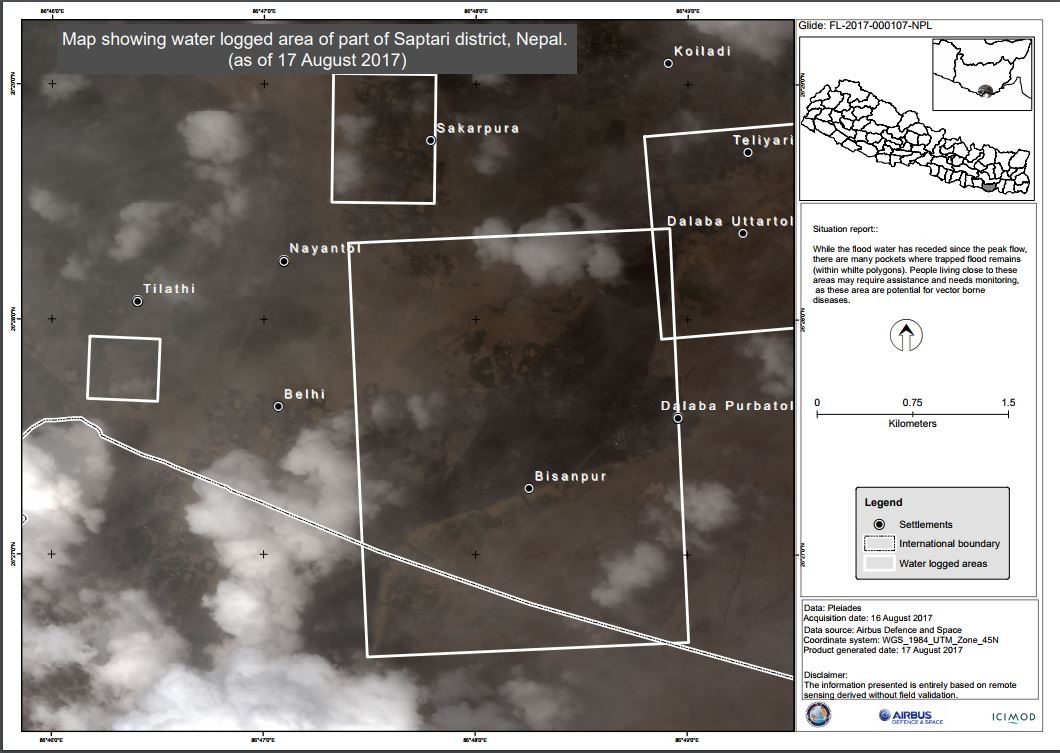 This satellite image shows water logged area of part of Saptari district2, Nepal. (as of 17 August 2017)