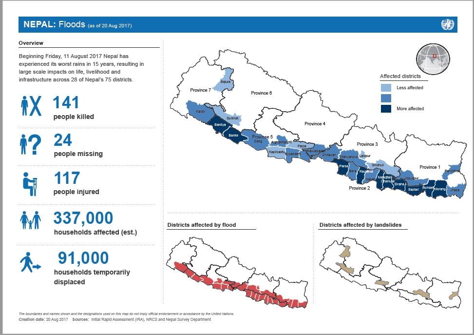 This map shows the status of death, missing, injured, district affected and affected families from flood and landslide.