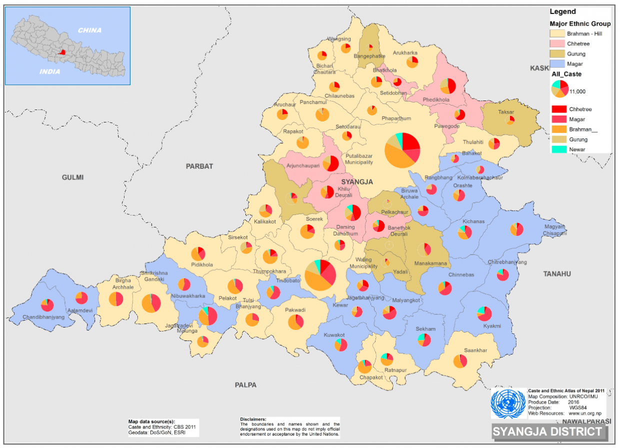 This map presents major caste group and it's composition based on CBS 2011 data of Syangja.