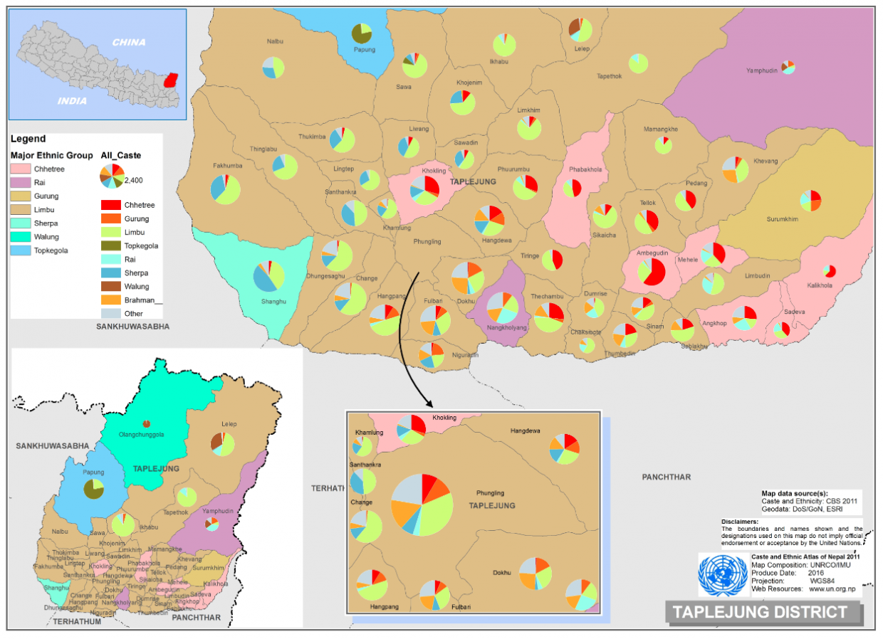 This map presents major caste group and it's composition based on CBS 2011 data of Taplejung.