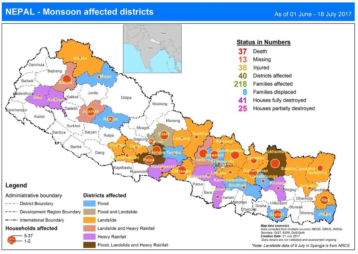 This map shows the status of death, missing, injured, district affected and household destroyed from flood and landslide.