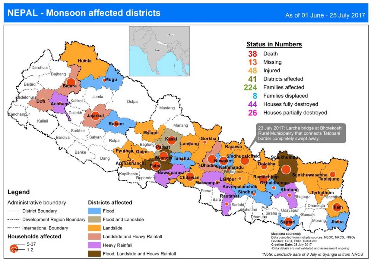 This map shows the status of death, missing, injured, district affected and household destroyed from flood and landslide.