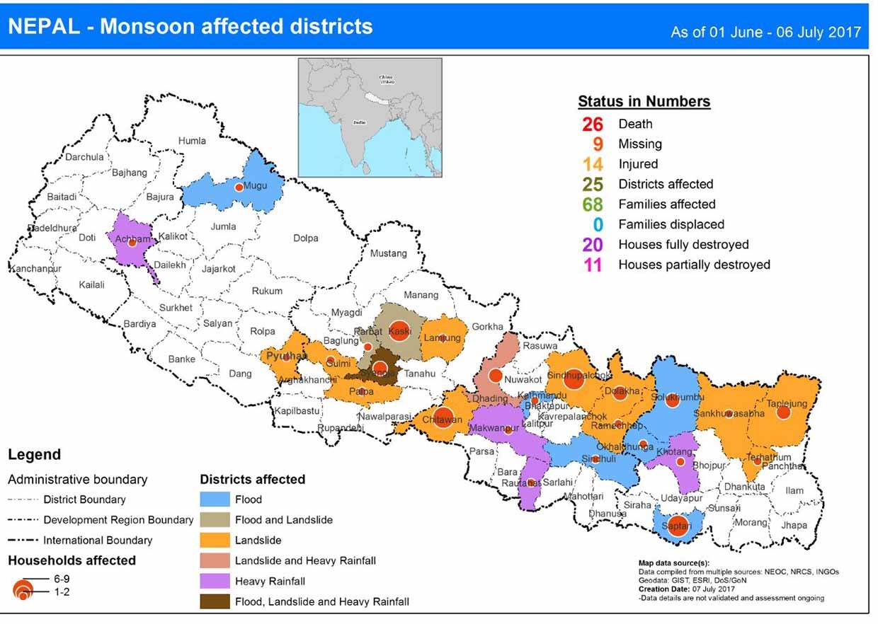 This map shows the status of death, missing, injured, district affected and household destroyed from flood and landslide.