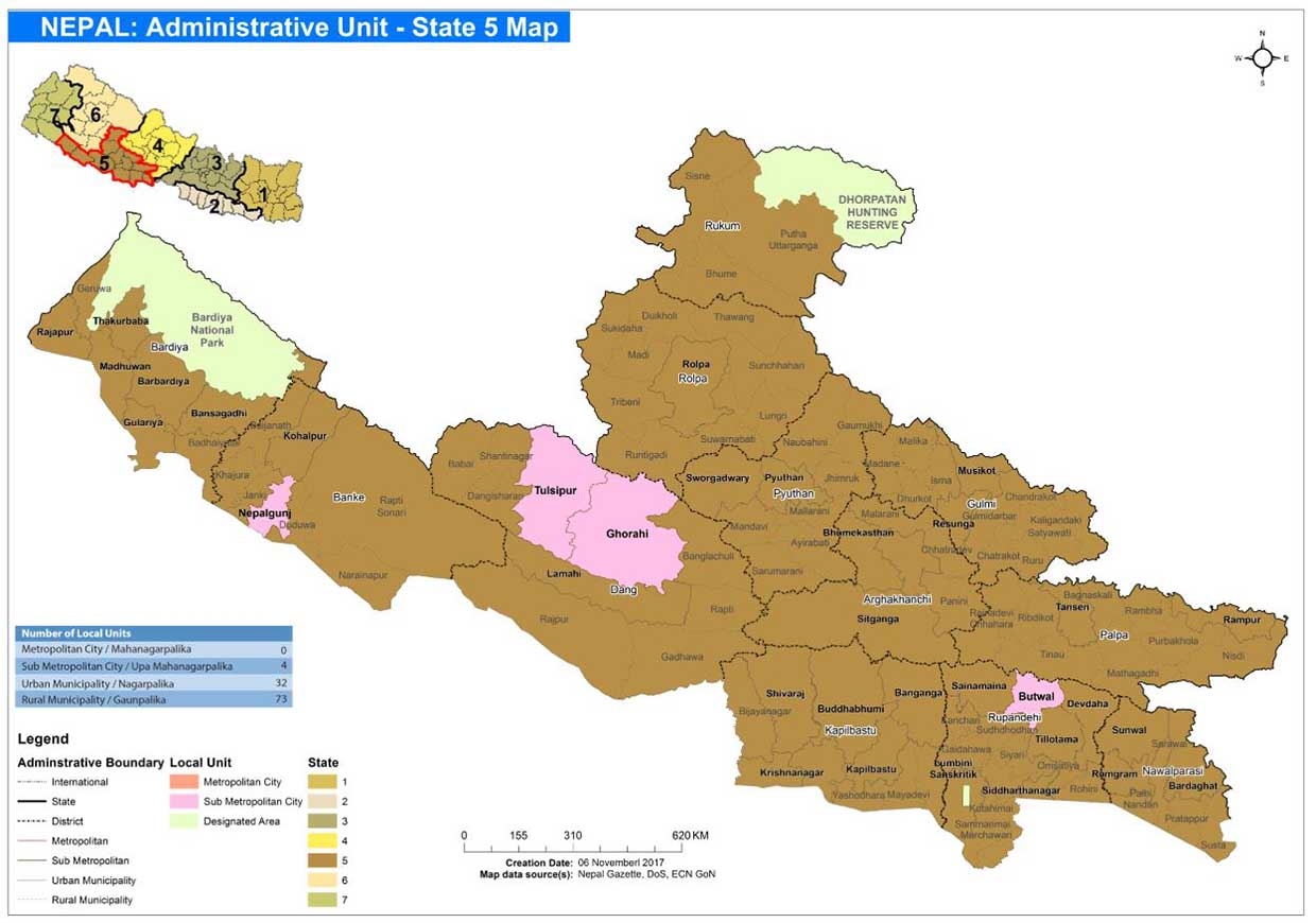 This State 5 map shows Lumbini Province local units boundaries and designated area