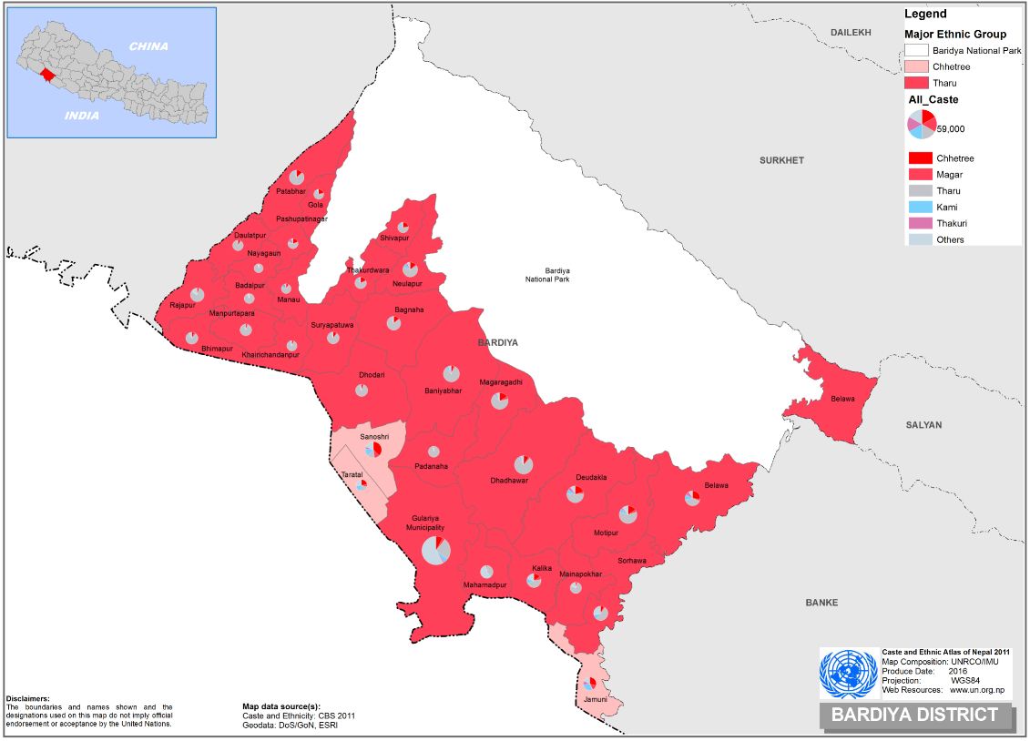 This map presents major caste group and it's composition based on CBS 2011 data of Bardiya district.